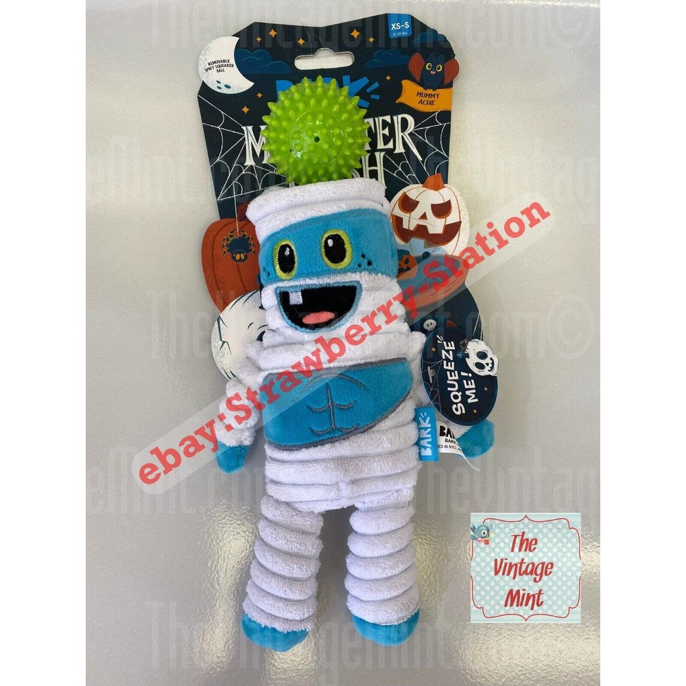 Bark Box Halloween Dog Chew Toy Mummy Ache Pull Squeaker Spiky Ball Fluff New